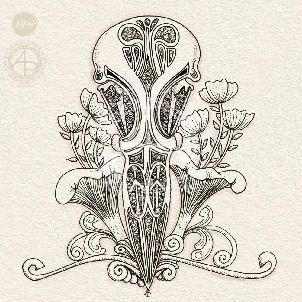 Raven skull and chanterelle drawing for Inktober 2019